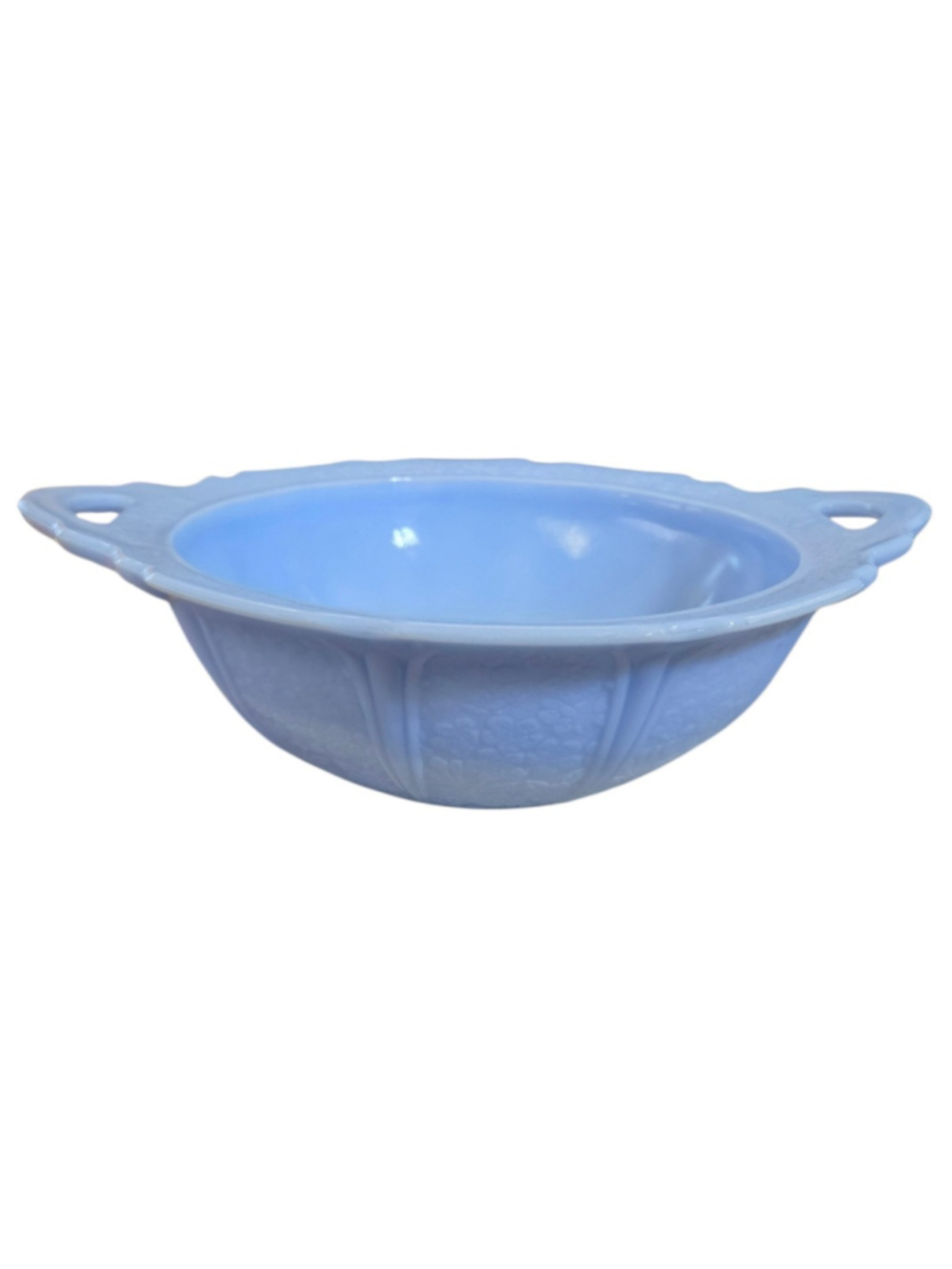 Vintage Jeannette Delphite Blue Cherry Blossom 2-Handle Bowl 9" 1930's